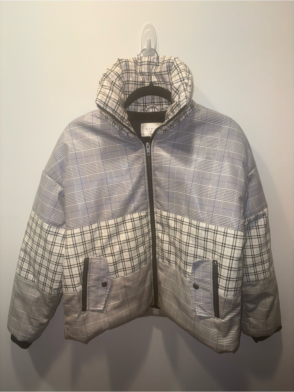 Brand New Samantha Sipos Grey & Brown Plaid Leather Puffer Medium Coat
